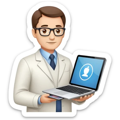 Middle IT Specialist with laptop and tablet, confident pose, moderately experienced face, showing mid-level technical skills sticker