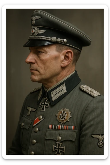 World War II German officer, side profile, wearing peaked cap, decorated uniform, historically accurate, detailed, realistic style sticker