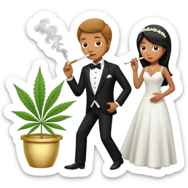 Full body view of a person in fancy clothes sneaking into a wedding ceremony smoking cannabis sticker