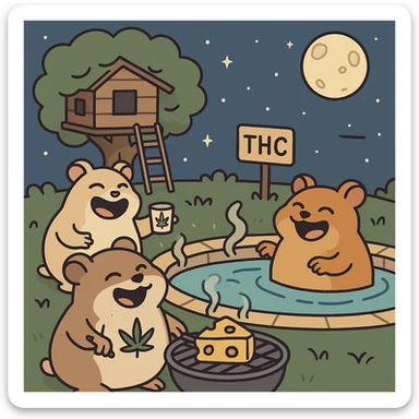 Discord server icon, square format, summer pool cookout scene with up to 3 hamsters laughing and having a good time, weed leaf, cheese, and THC theme, near a treehouse, in space. Flat toon style, soft but colorful, bold outlines, nostalgic, fun, inviting, summer party vibe, clear composition, less vibrant colors, designed to look good even at tiny size. sticker