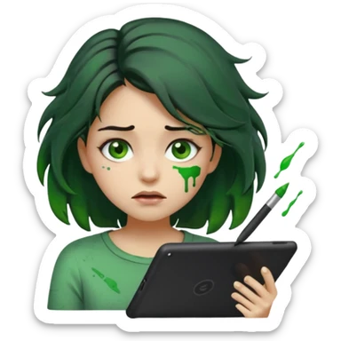 emoji holding and drawing on tablet using a stylus, looking down at screen in frustration, female, messy dark hair, green eyes, alternative/grunge style, screen slightly visible with splashes of color like a paint palette  sticker