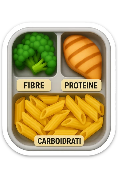 EMOJI STILE IPHONE DI una schiscetta vista dall'alto con 3 porzioni ben distinte: nelle porzioni scrivi le parole FIBRE, PROTEINE, CARBOIDRATI, iperrealistica 4k sticker