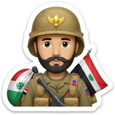 A tired and sad, swarthy Iraqi soldier with a beard, an Iraqi flag on his helmet, a sad expression and bags under his eyes sticker