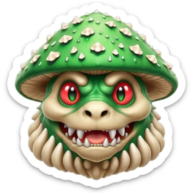 poisonous mushroom beast portrait, head and shoulders only, wolf-like face, mushroom cap growths on head, glowing green spores, sharp teeth, fantasy animal monster style, 3D cartoon, mobile game icon style, clean background, no text, no watermark

 sticker