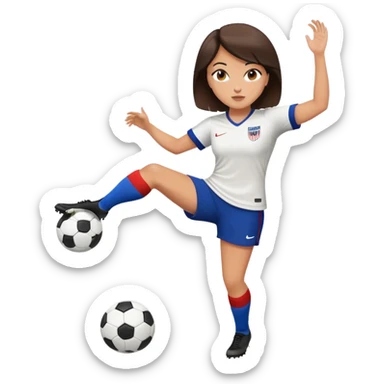 Pretty, slightly curvy white woman with short dark brown hair wearing a USMNT jersey and kicking a soccer ball sticker