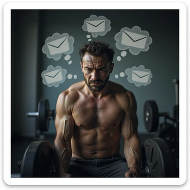 realistic, dramatic lighting; man in gym, not overly muscular, lifting weights, face and eyes show high stress and mental fatigue, sweat, background with visible thought clouds (emails, bills, deadlines, arguments), expressive posture, focus on psychological burden sticker
