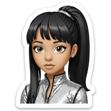 Left Eye from TLC with long black ponytail hair, silver sequin outfit sticker