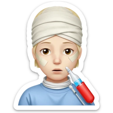 sick person with a termometer on her mouth and a bandage on the head sticker