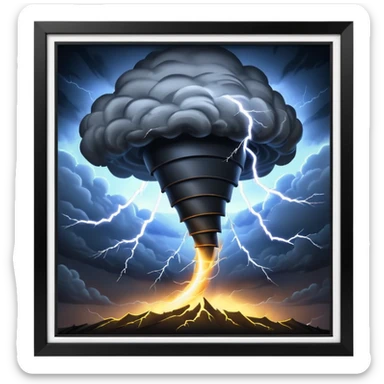 A Discord emoji of a dark, stylized tornado with lightning bolts inside a black circular frame. High contrast, aggressive lines, white background. sticker