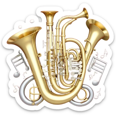Create a festive and elegant emoji collage featuring a bouquet or fan of bells of wind instrument  (trumpets, saxophones, trombones, tubes, etc.) arranged in a radiant, symmetrical pattern. The instruments should have polished, golden and silver finishes, with their large, shiny bells forming a beautiful, fan-like display. Include a flowing ribbon of musical notes swirling through the center, conveying movement and melody. The background should feature a deep red velvet texture, adding a touch of luxury and sophistication. The overall composition should be balanced, with an elegant and regal feel, with a transparent background to keep focus on the instruments and musical elements. sticker