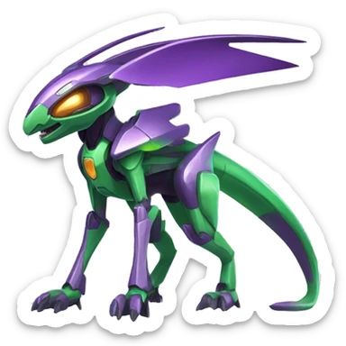 a shiny purple-green Genesect-Raptor-Fakémon—hybrid with a futuristic visor-helmet full body sticker
