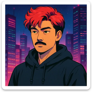 Asian man with black mustache, red hair, black hoodie, in retro-futuristic 80's anime style, city lights background sticker