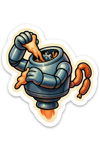 hovering robot. stuffs material into large hole on its top with 2 arms. no head. hole is where a head would be. spinning gears and blades in hole grind material. sausage links come our of hole on backside.  3/4 view. between realism and cartoon. well lit. no dramatic lighting. metallic shiny robot. works diligently. dark humor sticker