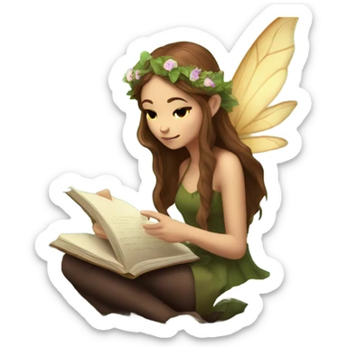 female forest fairy, wings, pointed elf ears, long brown hair, reading, stack of books, vines, flowers sticker