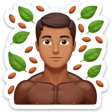Relaxed male figure surrounded by floating foods: large pieces of shiny dark chocolate prominently displayed, with spinach leaves, almonds, and seeds. Soft light connecting these magnesium-rich foods to muscles and nervous system, showing a soothing effect on the man's body. sticker