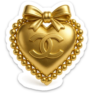 Chanel heart in metallic gold style with a bow and pearls, feminine and elegant sticker