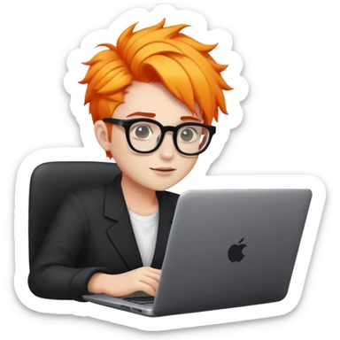 young freelancer with bright hairdo and glasses with thick black frames works on laptop sticker