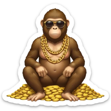 ape with big golden chain on the neck wearing sunglasses sitting on the big pile of gold coins  full height. sticker