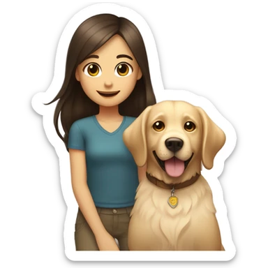 Smiling girl with long dark brown hair next to a small shaggy golden Labrador dog with brown eyes sticker