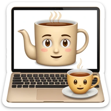 laptop, screen shows neutral face, cup of tea next to it sticker