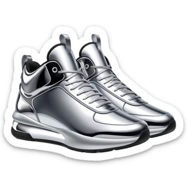 A pair of futuristic sneakers emoji made of silver chrome, sleek streetwear design, smooth metallic panels, subtle reflections, luxury swag aesthetic, iOS emoji style, centered, clean white background sticker