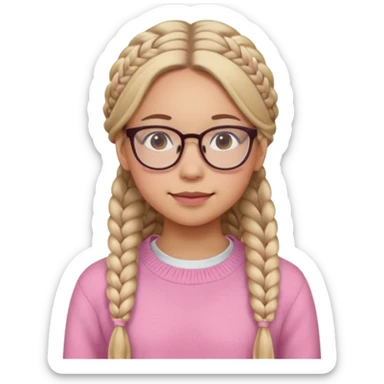 black cute young adult girl with classes and braids that are long , and some blush, in a pink sweater  sticker