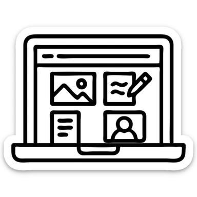 a laptop with a website homepage featuring a grid of creative works including drawings, poems, and digital art on the screen, minimalist outlined icon style sticker