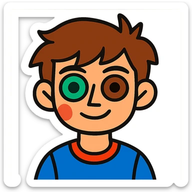 Johnny with brown semi-fluffy hair, one green eye and one brown eye sticker