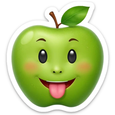 create a happy green apple with a face showing the tongue on IOS style sticker