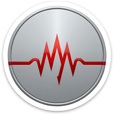 Minimalist medical technology logo. White background. A clean circular shield shape in light gray. Inside the shield — a sharp red signal line forming abstract letters “AI”, resembling a medical alert waveform but not a classic ECG.  sticker