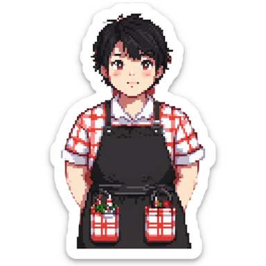 chubby boy with black hair styled upward in front, wearing a red and white checkered plaid apron sticker