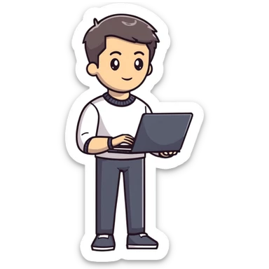 full body male teacher with attractive handsome face and stylish modern haircut in casual clothes holding a laptop sticker