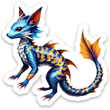Edgy badass swimmy wet painted intricate ornate Japanese Asian koi-Sergal-Lykoi-Linoone-Electrike-Linoone-Vaporeon-fusion-hybrid-animal-Fakémon-creature, full body, thin long sleek scaly tail, intricate markings sticker