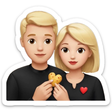 Couple with blonde hair wearing black eating chick filet hearts and outer space in the background. 
 sticker