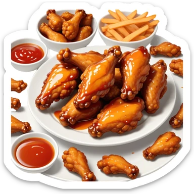 Cinematic crispy chicken wings, golden-brown and glazed with spicy sauce, crunchy coating, juicy inside, piled high with dipping sauce on the side, ultra-realistic and mouthwatering, inviting and bold. sticker