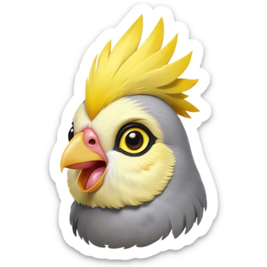 Cinematic Comical Cockatiel Portrait Emoji, Head tilted dramatically with an exaggeratedly amused expression, featuring a striking grey fur with bold yellow accents and a flamboyant crest, wide, expressive dark eyes filled with playful disbelief, Simplified yet hilariously expressive features, highly detailed, glowing with a slightly sassy glow, high shine, dramatic yet playful, stylized with an air of cheeky mischief, bright and endearing, soft glowing outline, capturing the essence of a spirited and over-the-top cockatiel, so meme-worthy it feels like it could side-eye its way into internet fame instantly! sticker