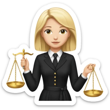 woman lawyer blanche et blonde avec des cheveux mi-long; elle est habillée avec une longue robe noire et une cravate blanche; elle est victorieuse en portant la balance de la justice sticker