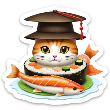 cat wearing a sushi hat with rice base, multiple fish pieces on top, wasabi accent, and lots of soy sauce heavily dripping down the sides, abundant sauce flowing from sushi hat sticker