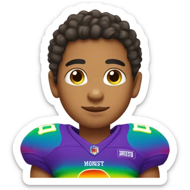 Lightskin boy with earrings wearing rainbow football jersey sticker