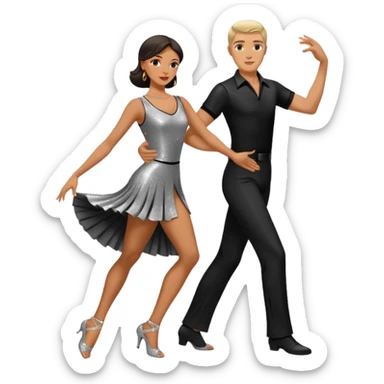 Dancesport professional latin competitor couple dancing the rumba, the women is in skinny short sparkly dress, the man is in black shirt and black classic pants  sticker