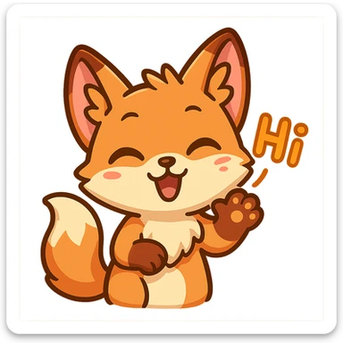 cute and expressive fox emote for twitch saying Hi, vibrant and playful style sticker