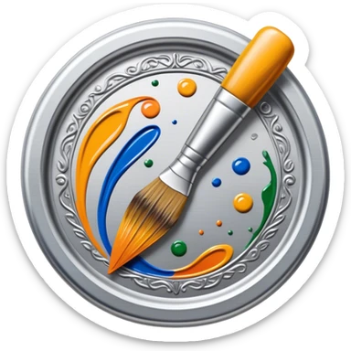 Metal painting icon, intricate hand-painted metal surface with detailed patterns, visible paintbrush, metal tools, vibrant enamel or acrylic paints, finished artwork and the painting process, minimalistic style, clean lines, transparent background. sticker