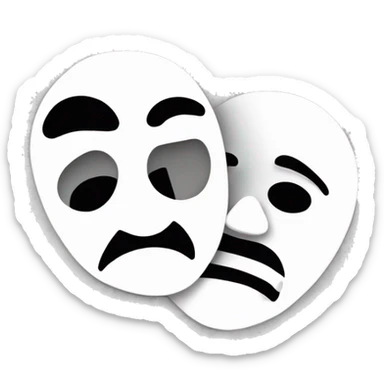 2 dimensional tragedy and comedy masks next to each other, black and white and only outline sticker