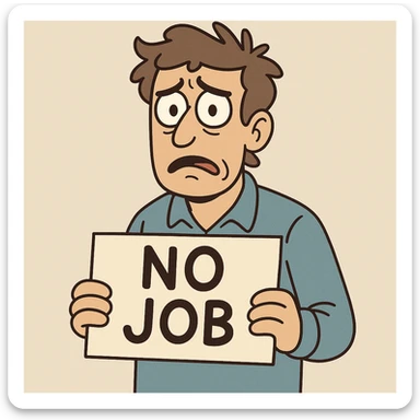 a worried man holding a 'no job' sign, flat toon style sticker