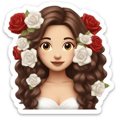 Beautiful, rose, red, flowers in hair, long dark brown hair, white fair skin sticker