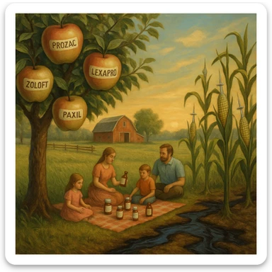 serene farm with apple trees bearing antidepressant-labeled fruit, corn stalks growing syringe cobs, soil leaking oil, a family picnics not noticing their food transforming into pharmaceutical bottles, tranquil yet disturbing atmosphere sticker