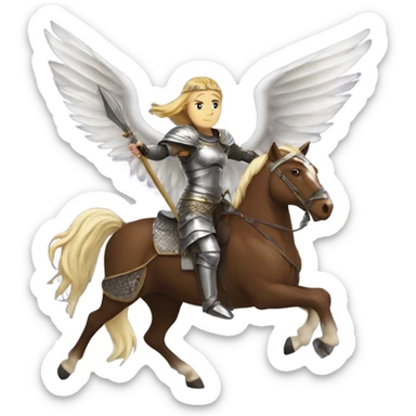 Brynhilde in full battle armor riding a winged horse sticker