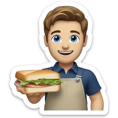 Male with brown hair and blue eyes worker with white shirt and navy apron with khakis and hat holding a sandwhich sticker