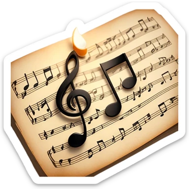 Cinematic Realistic Music Notes, crisp black ink on vintage sheet music, slightly curled edges, soft candlelight casting subtle shadows, glowing with an artistic and nostalgic charm. sticker
