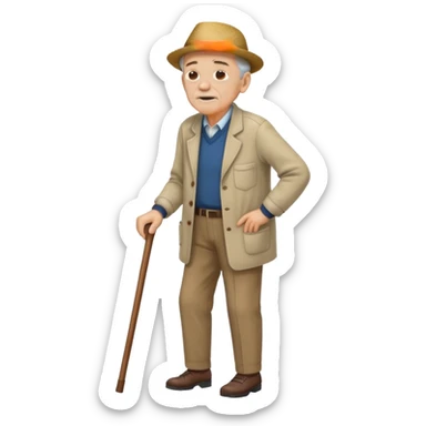 An old men leaning on a single cane walking with the other hand on his back to express back pain sticker